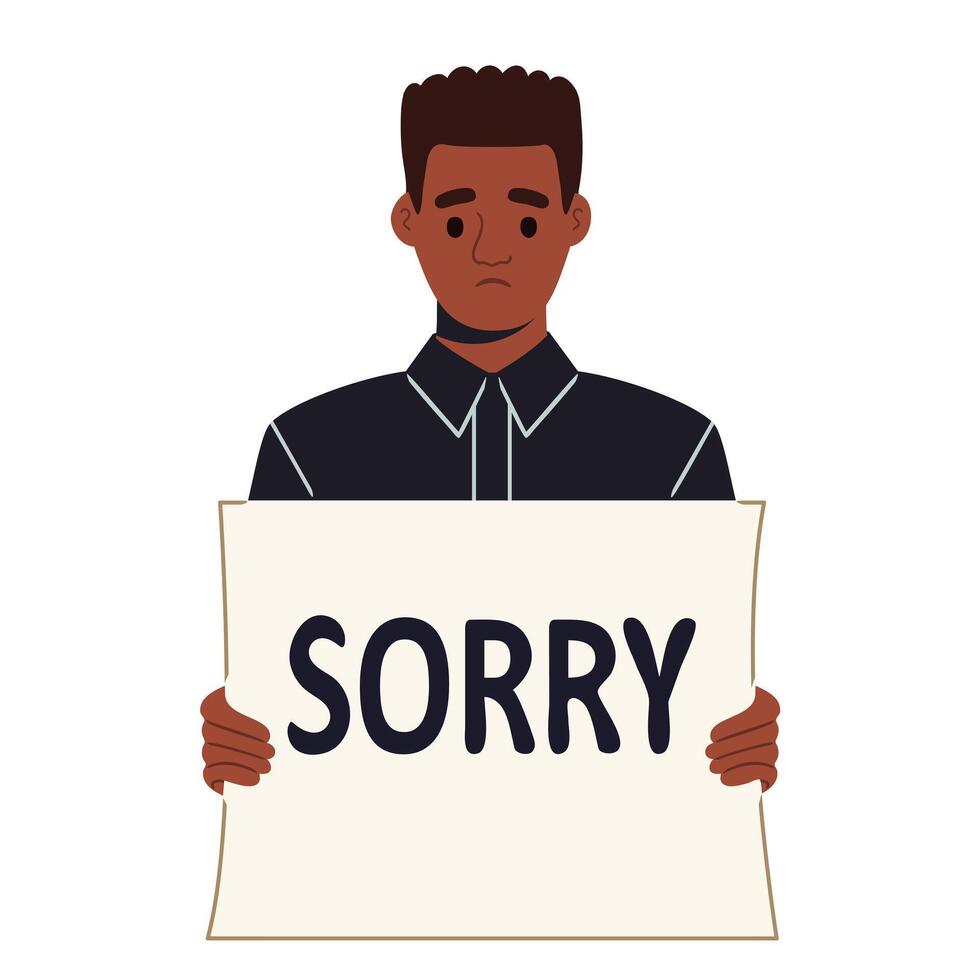 African american young sad man holding a card SORRY and pleading apology vector
