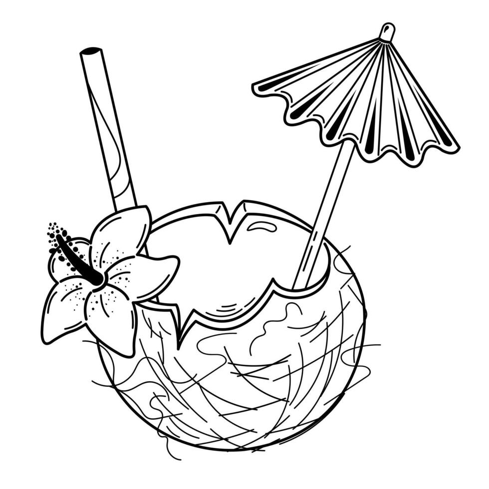 A coconut drink with a straw and umbrella coloring page vector