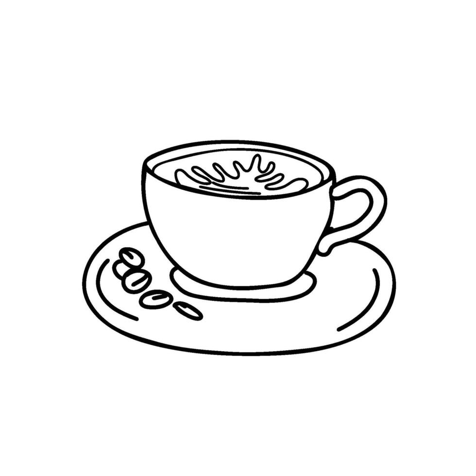 Cappuccino Coffee Cup isolated on white background. Black and white Sketch illustration in Doodle style. Ideal for beverage branding, cafe menu and graphic design projects. vector
