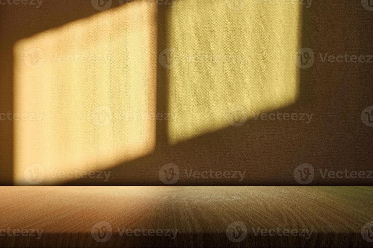 Empty Wood Table with Shadow and Natural Sunset Light on Wallpaper Surface Background photo
