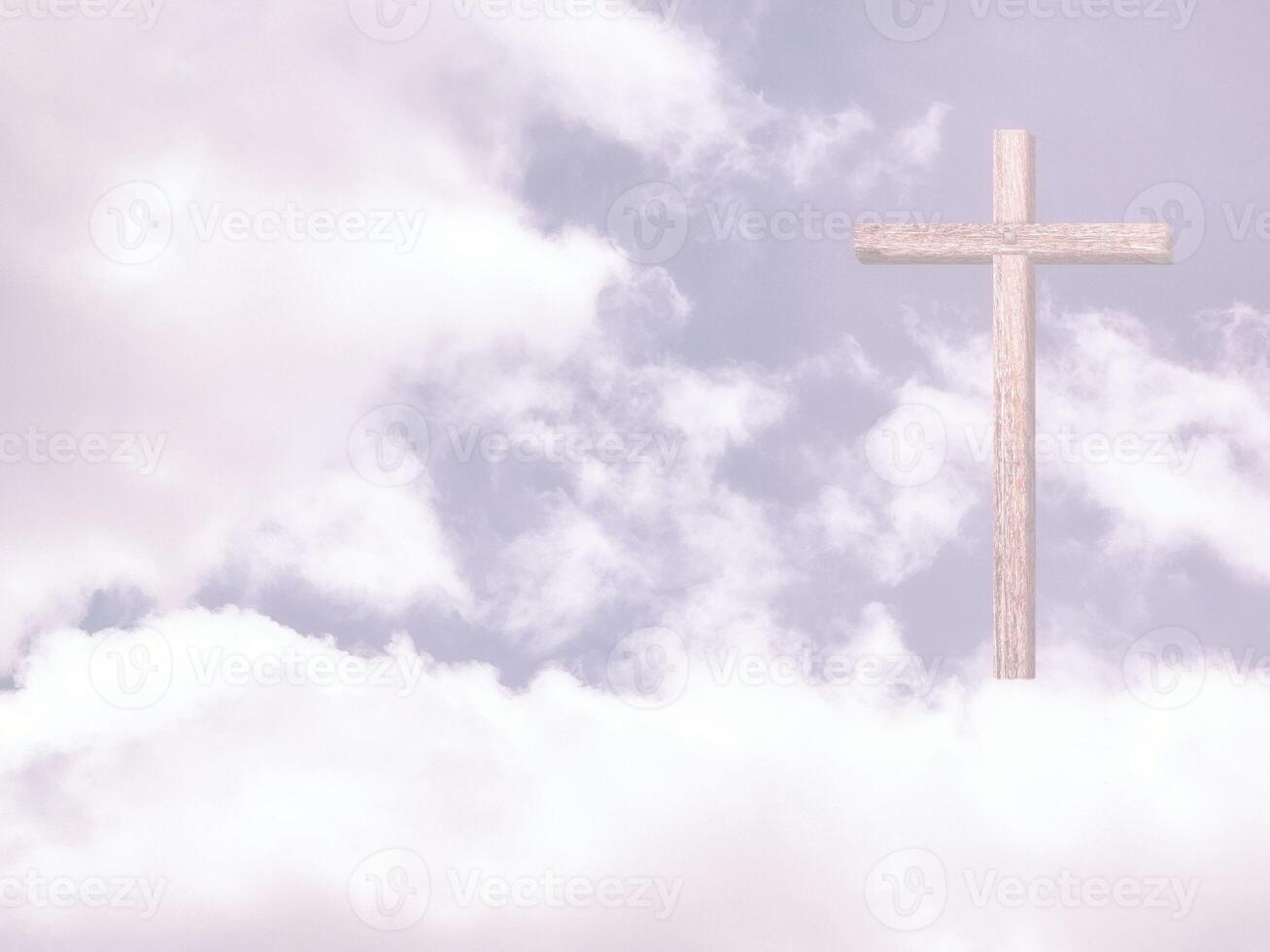Wooden crucifix of Jesus on a White Cloud with Light Beam photo