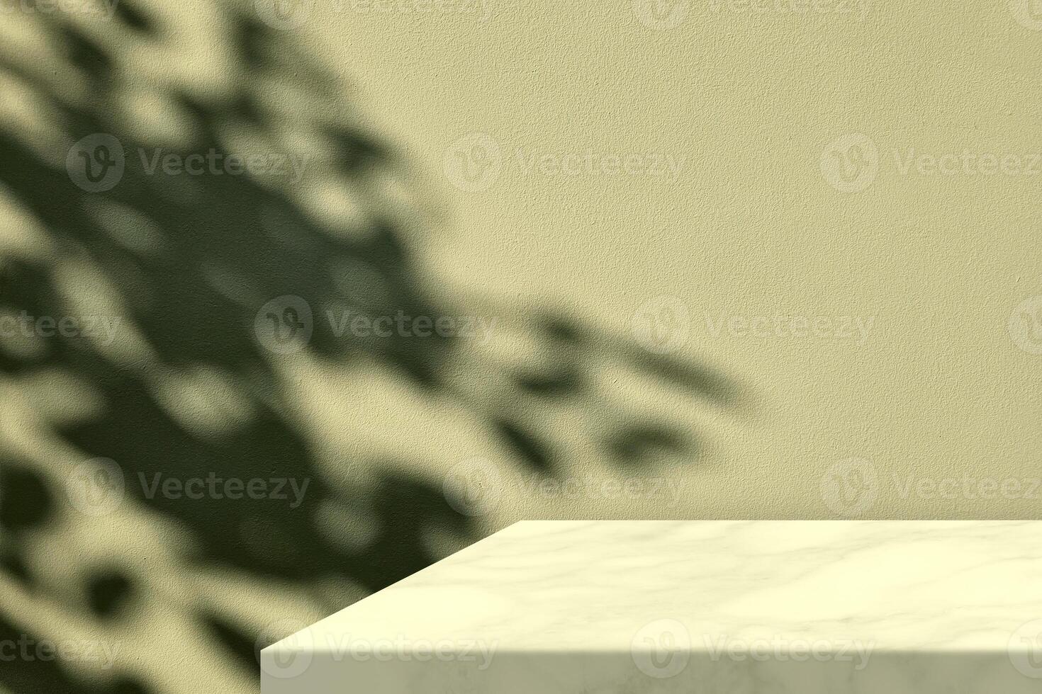Minimal Marble Table Corner with Shadow and Pink Light Beam on Concrete Wall Background in Medium Light Yellow photo