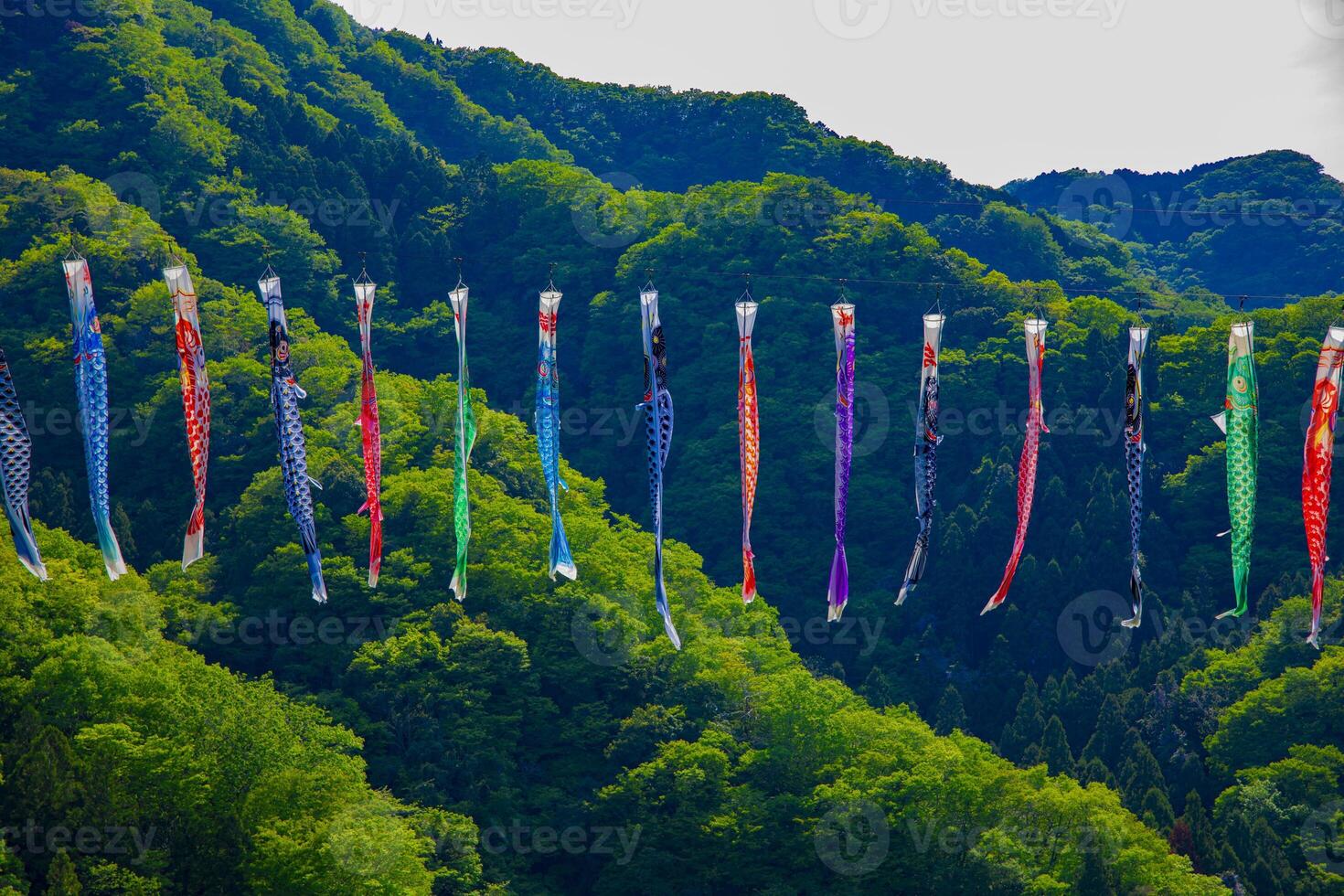 Carp streamers at Ryujin big bridge in Ibaraki daytime sunny photo