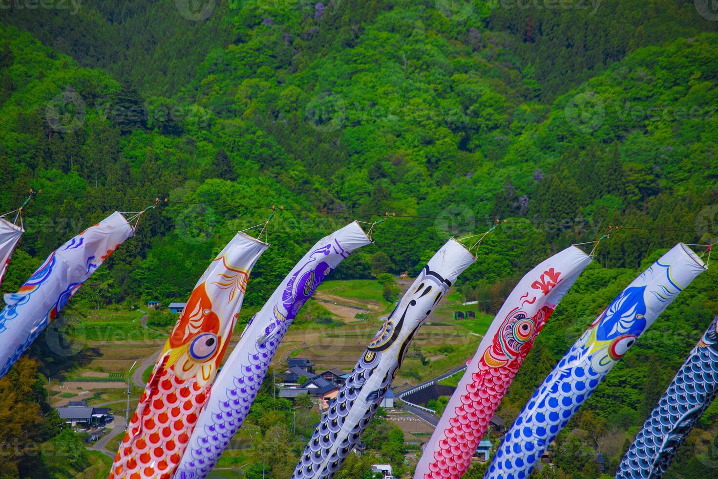 Carp streamers at Ryujin big bridge in Ibaraki daytime sunny photo