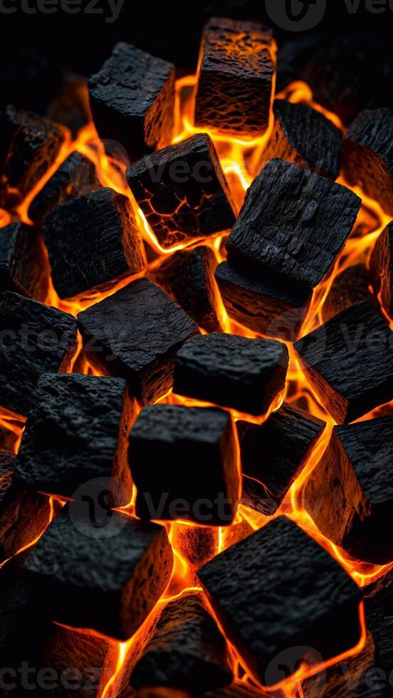 Smoldering coal cubes with sparks from fire, glowing with intense orange and red hues photo
