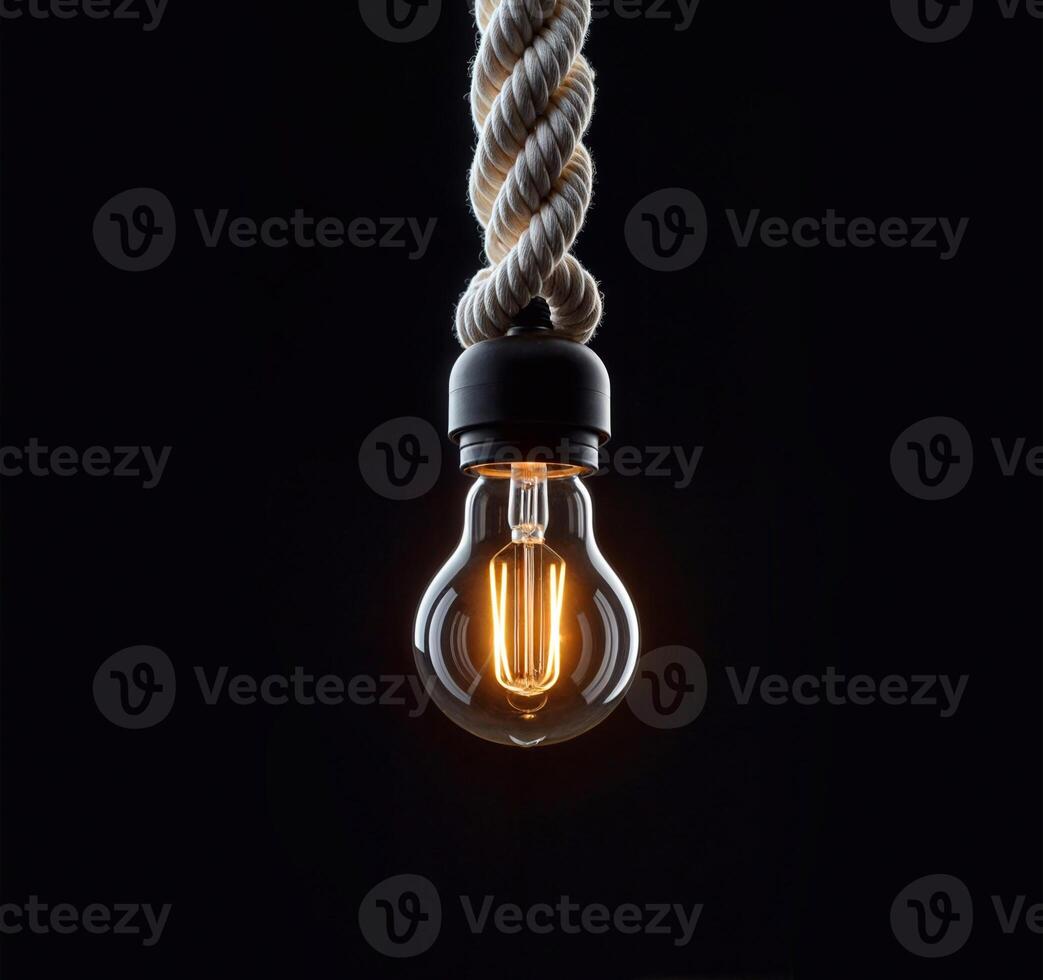 Glowing light bulb suspended from the top of dark background by thick, twisted white rope photo