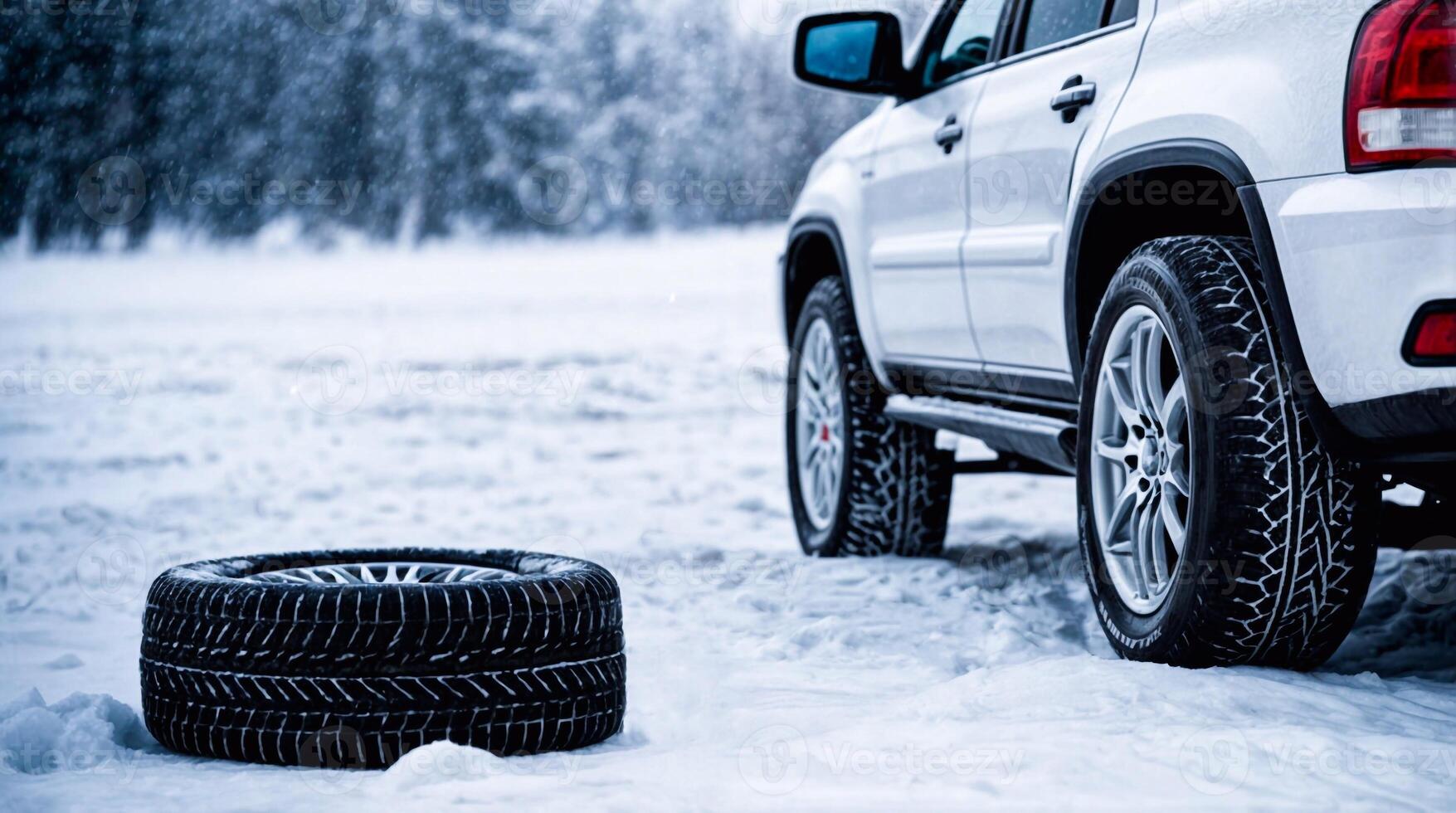 White car with winter tires is parked on snowy surface, with spare tire lying on snow nearby. photo