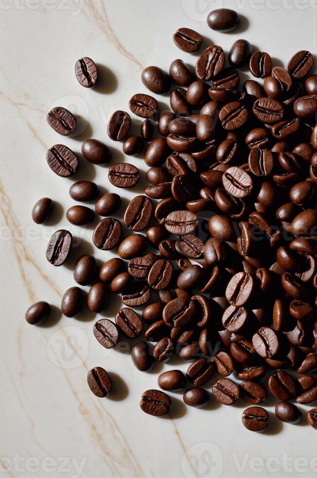 Scattering of dark brown coffee beans lies on white background, with gentle highlights photo
