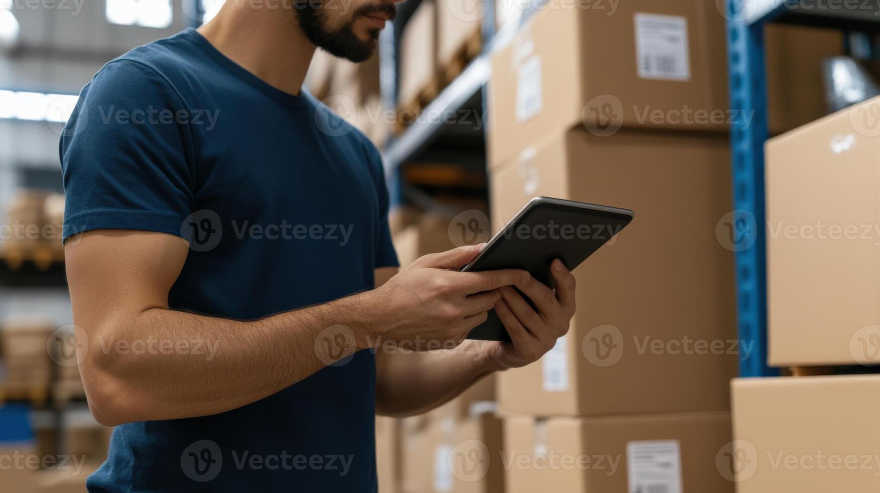 Warehouse employee using tablet for inventory management, focused on task. photo