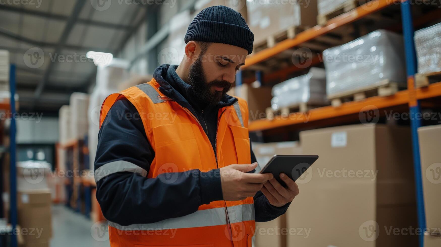 Warehouse worker using tablet for inventory management, orange vest, modern setting. photo