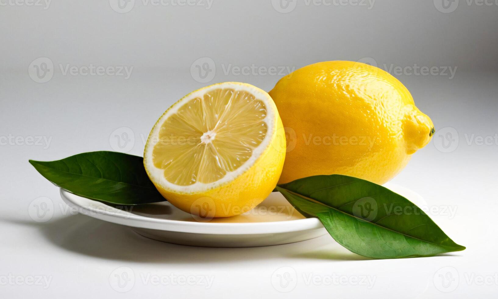 Fresh Lemon and Half-Cut Lemon on a White Plate Isolated on White Background photo