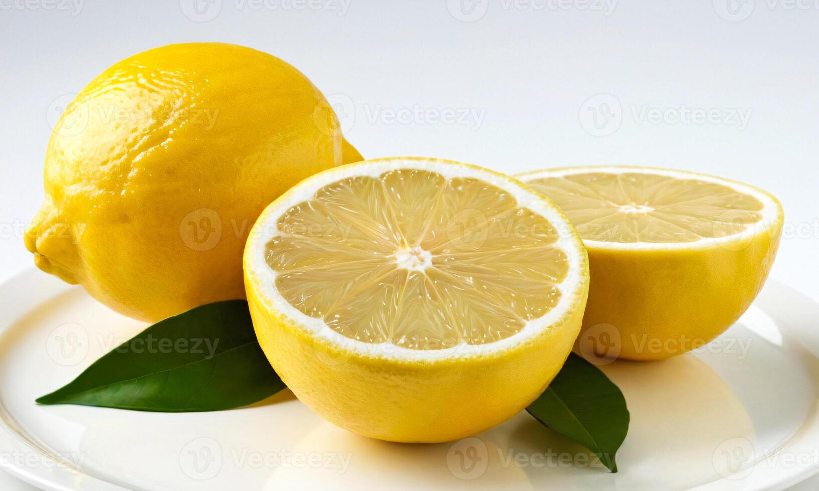 Fresh Whole and Sliced Lemons with Green Leaves on a White Plate, Isolated on White Background photo