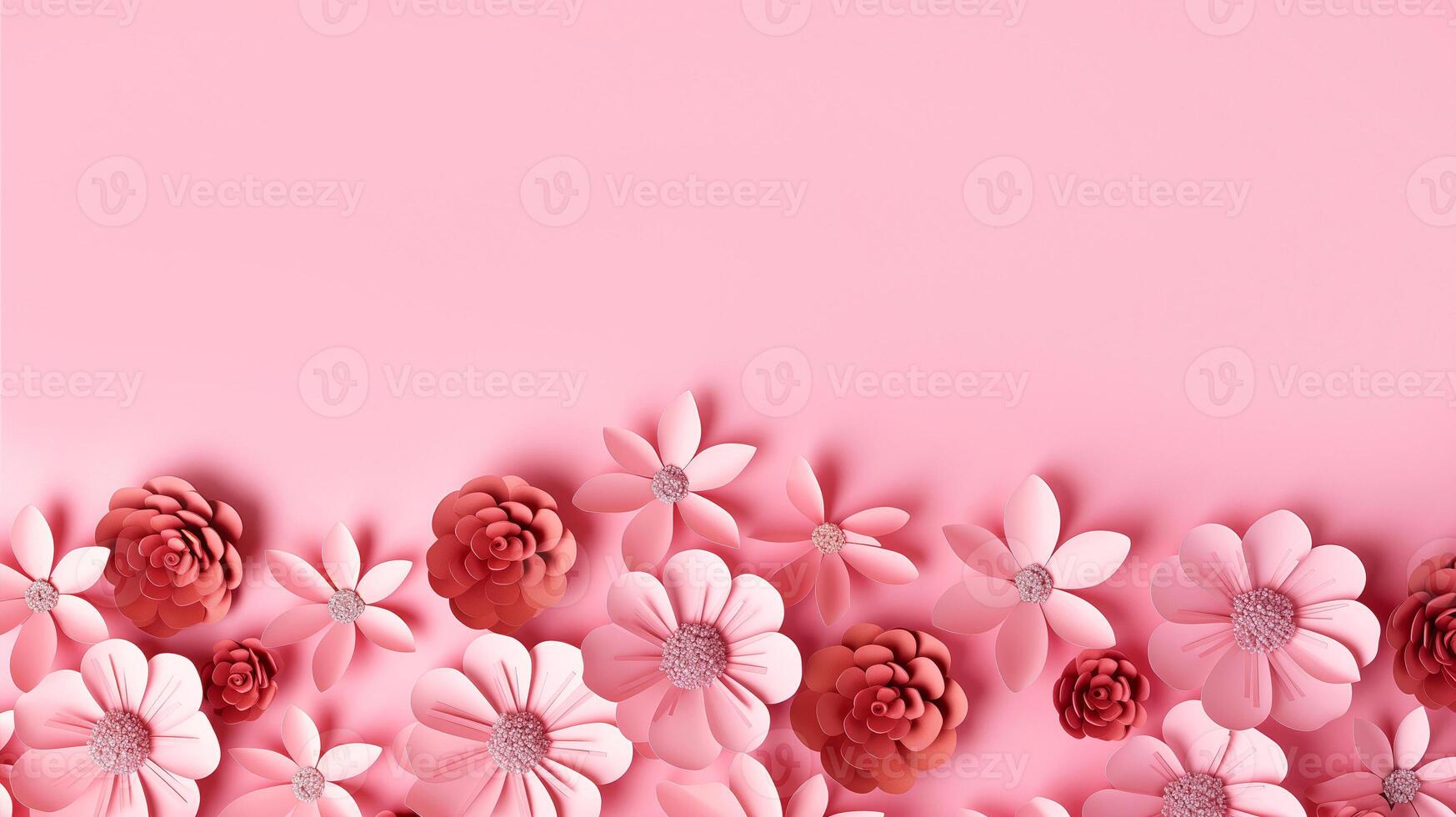 Handcrafted paper flowers in various shades of pink and red, intricately designed and arranged along the bottom of smooth pastel pink background. Perfect for romantic, artistic, or photo