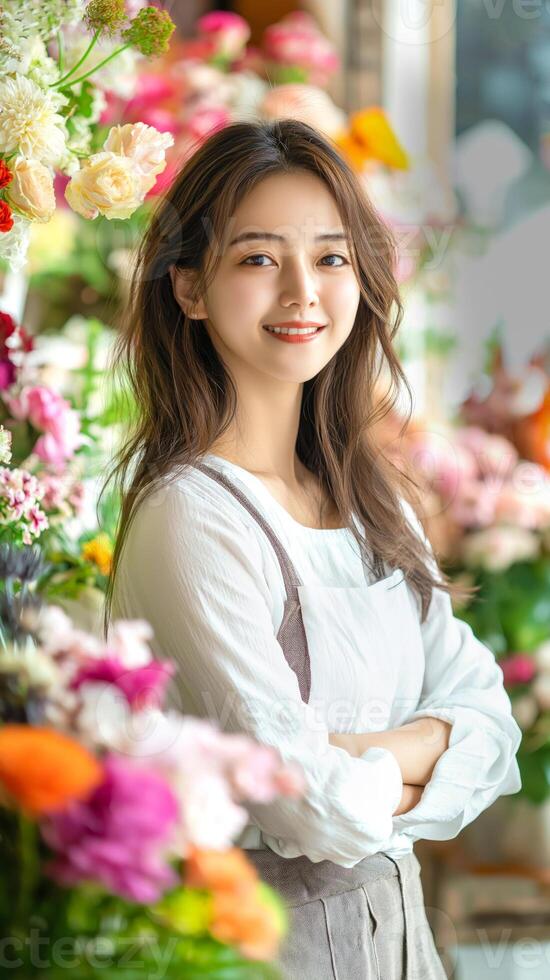 Young East Asian woman with long brown hair and bright smile stands confidently in flower shop, surrounded by vibrant assortment of colorful flowers. She wears white blouse and apron in photo