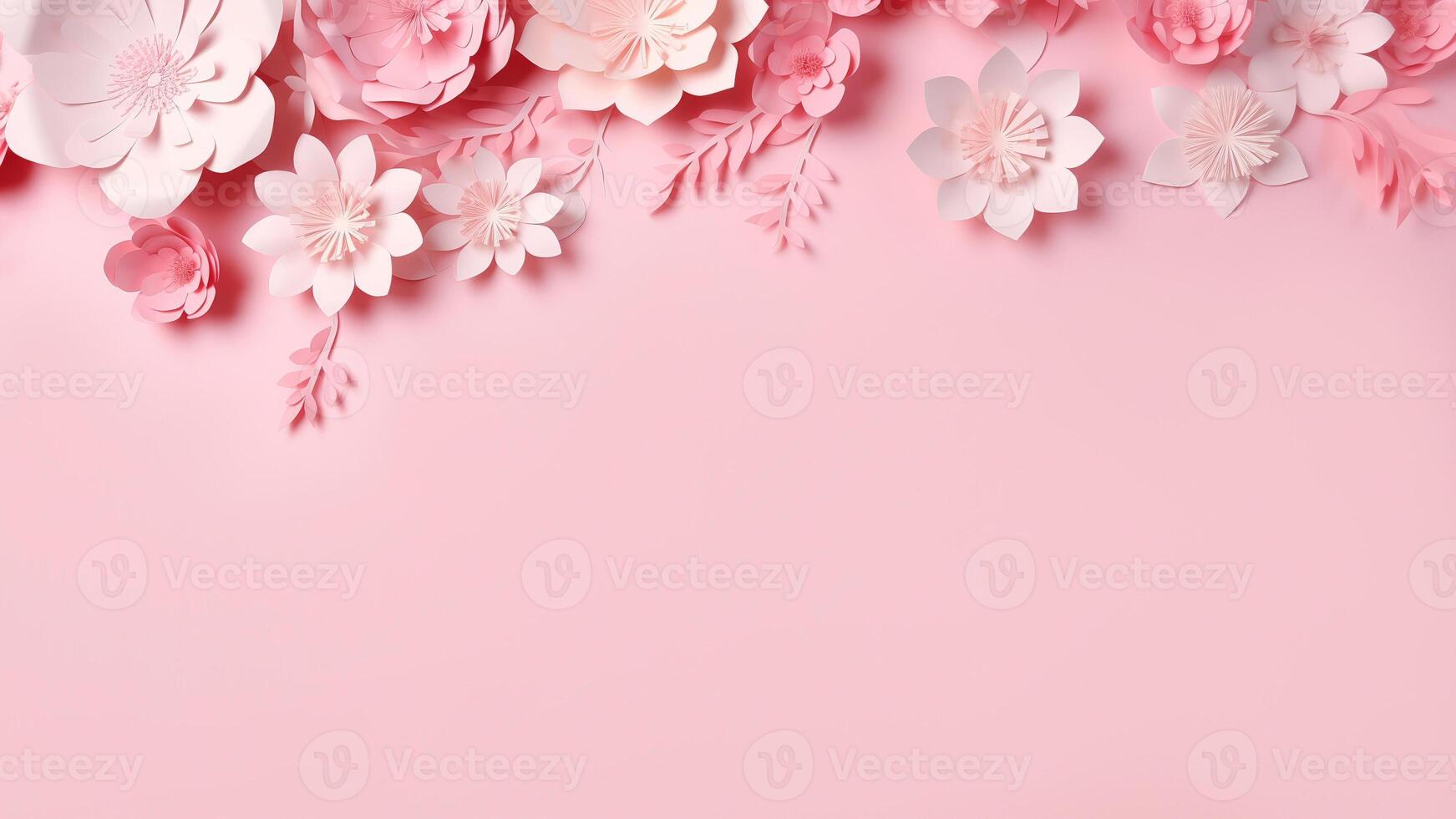 Arrangement of handcrafted paper flowers in soft pink and white hues, placed along top edge of smooth pastel pink background. For romantic themes, wedding invitations, feminine decorative photo