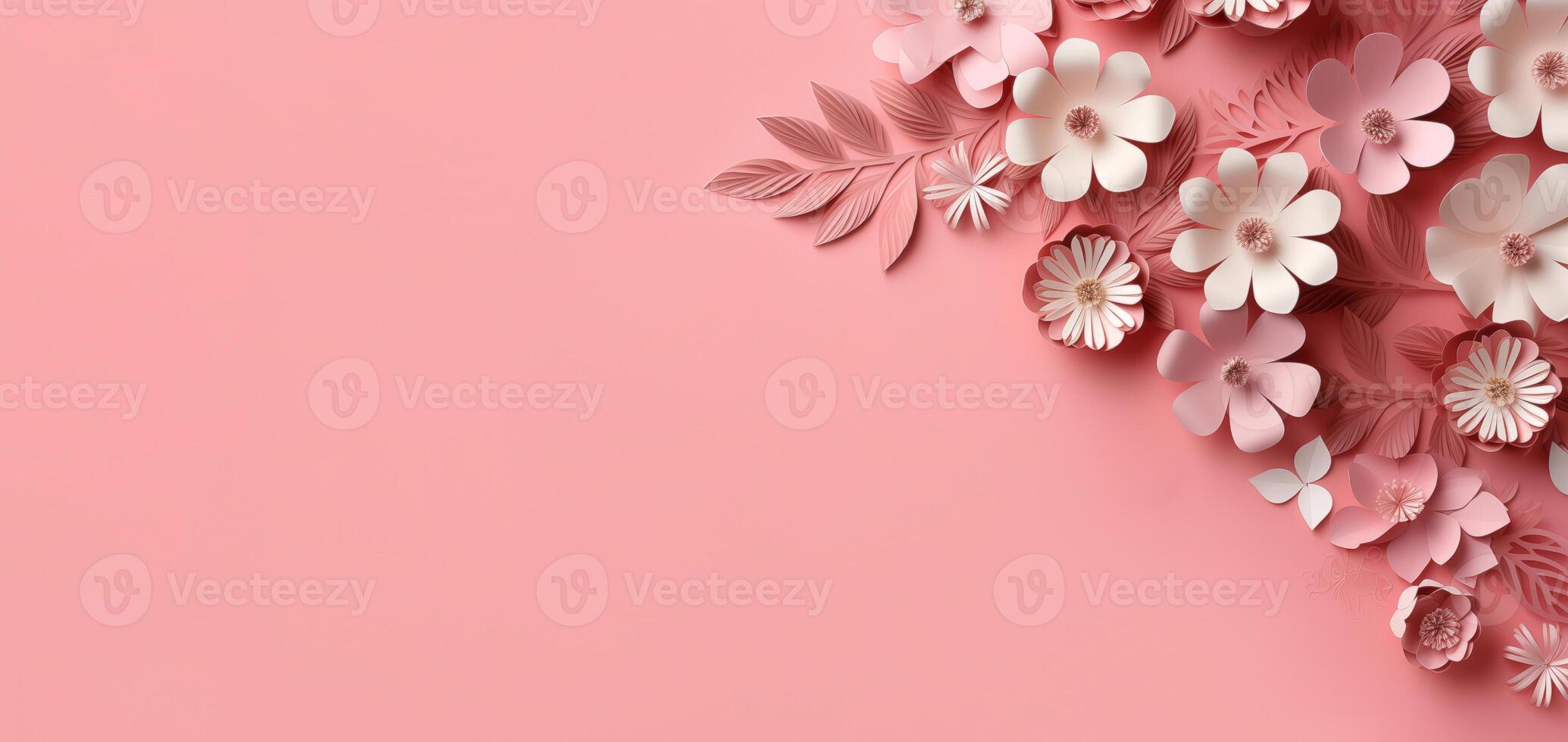 Handcrafted paper flowers and leaves in soft shades of pink and white, placed against smooth pastel pink background. Banner with copy space for weddings, romance, feminine, artistic photo