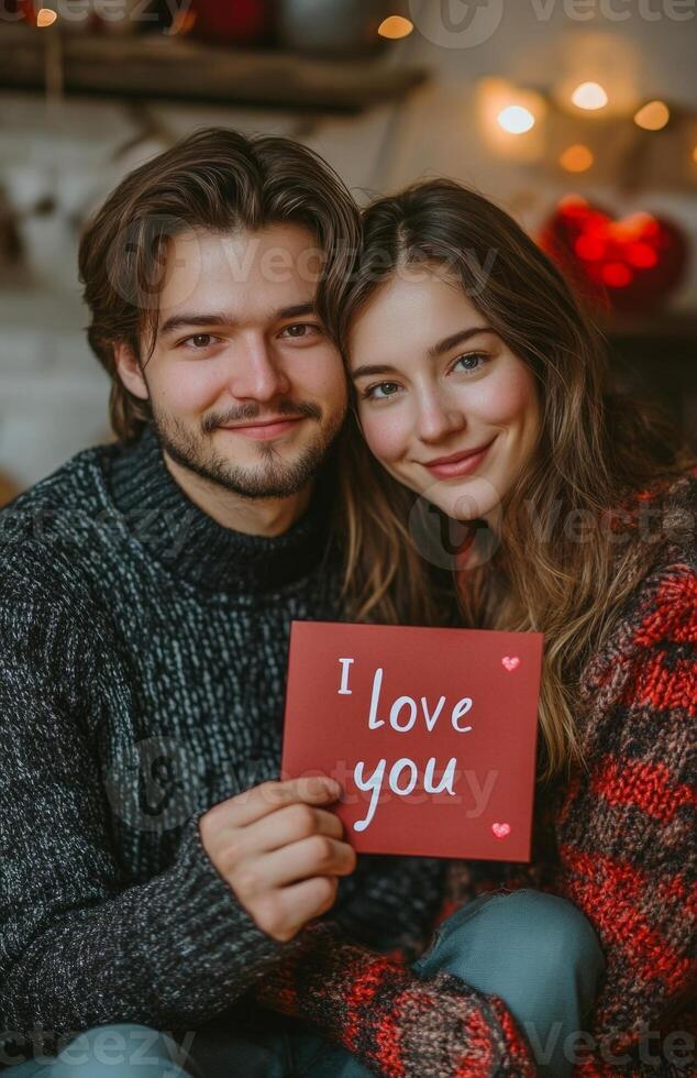 Young couple holding i love you card photo