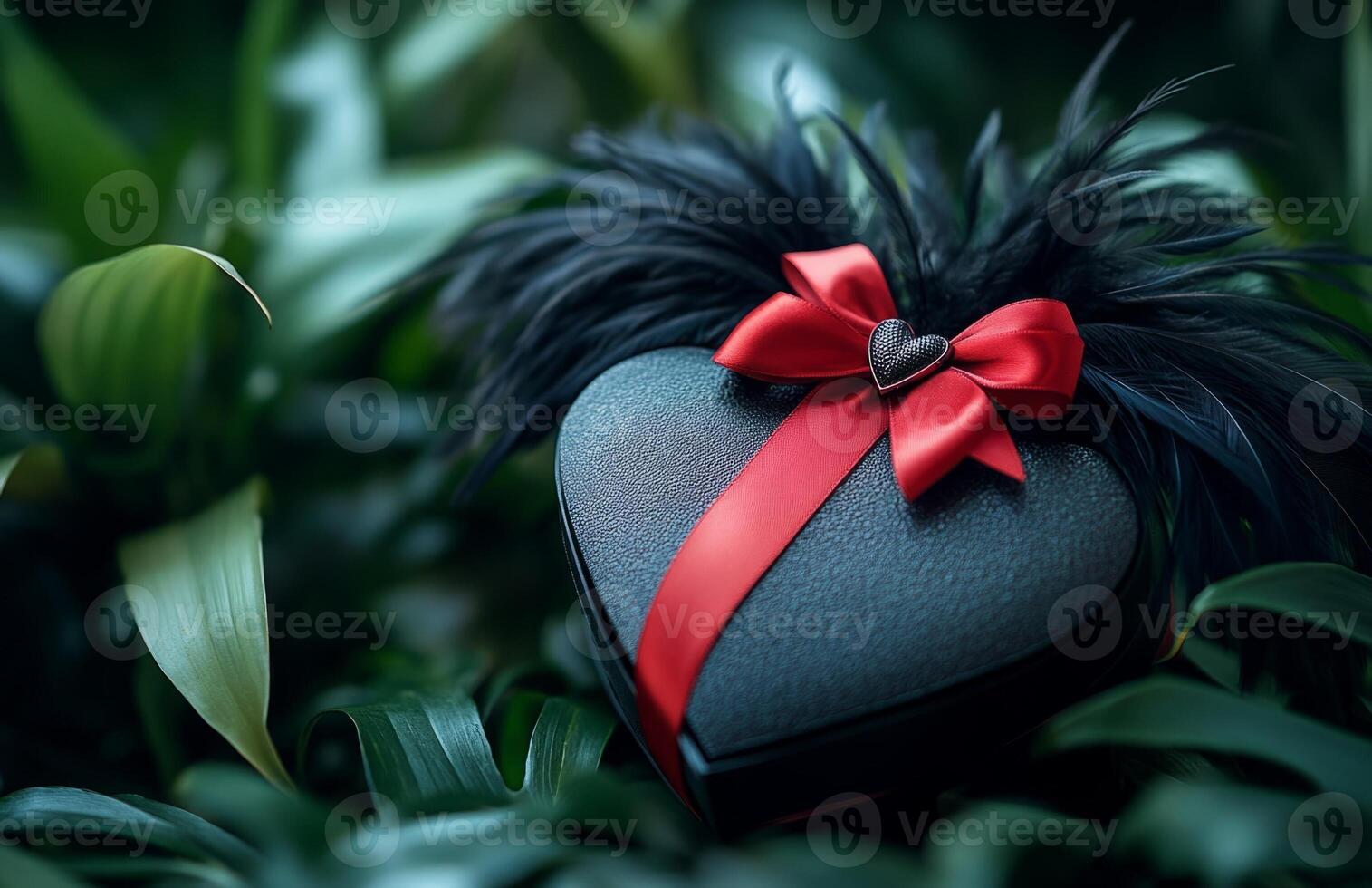 A black heart shaped box with a red ribbon and feather photo
