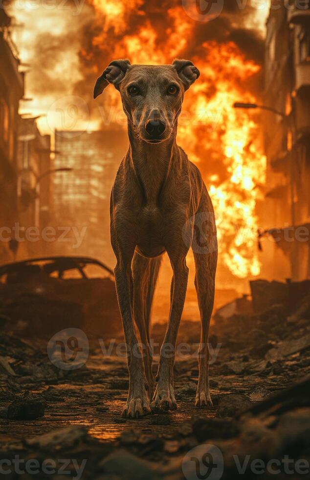 A dog is standing in front of a burning building photo