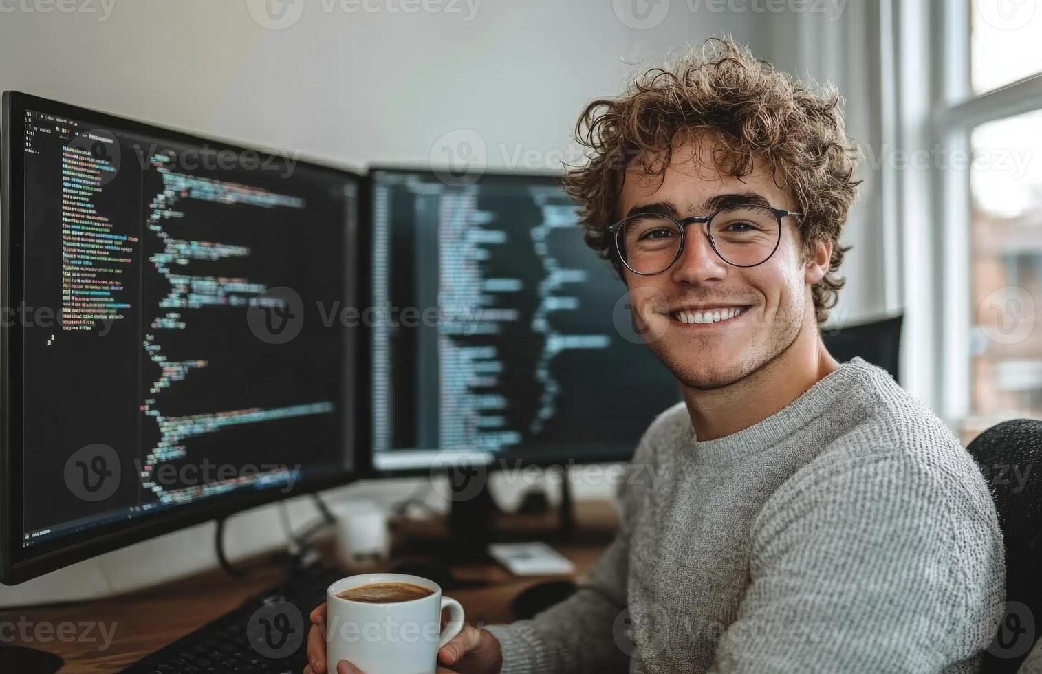 A smiling man in glasses holding a cup of coffee in front of two computer monitors photo