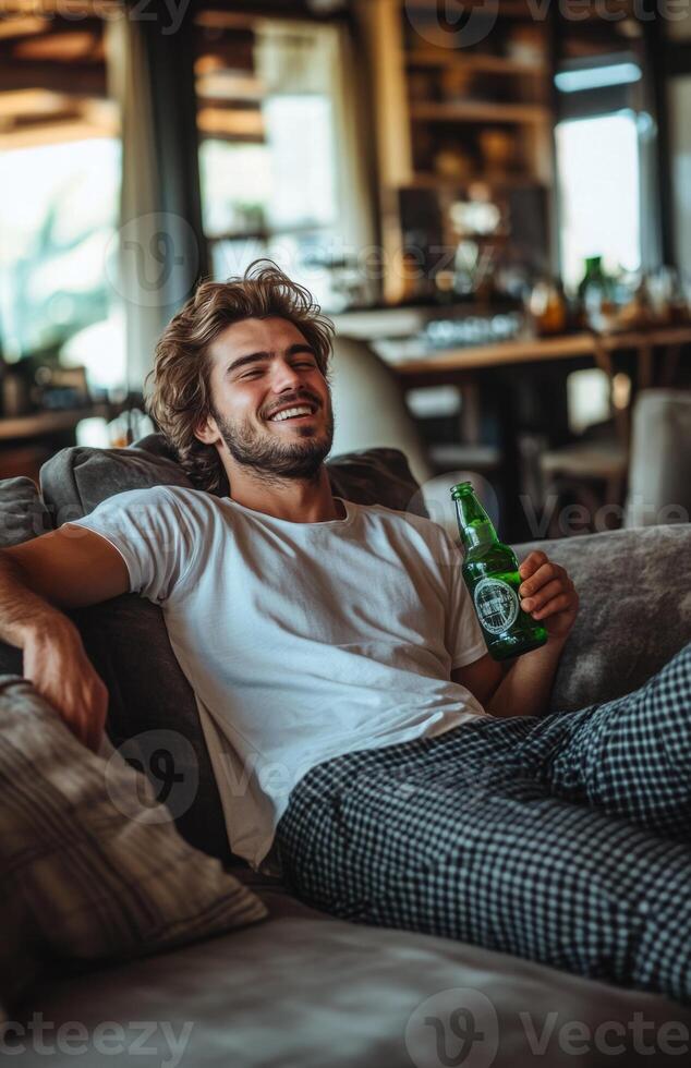 A man is sitting on a couch with a beer photo