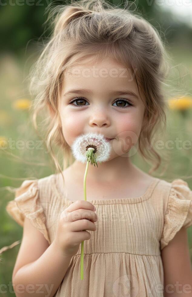 Little girl blowing dandelion in sunny green meadow outdoors photo