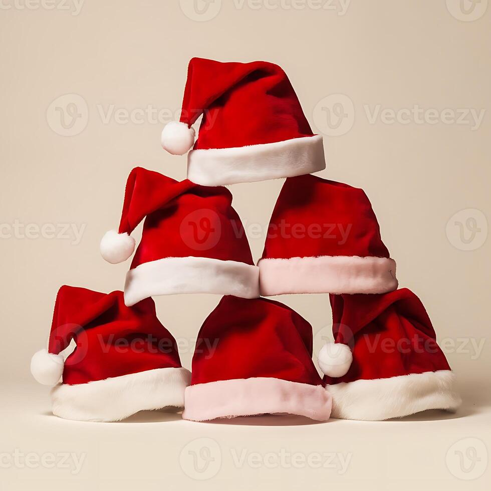set of red santa claus caps or hats Merry christmas celebration day photo