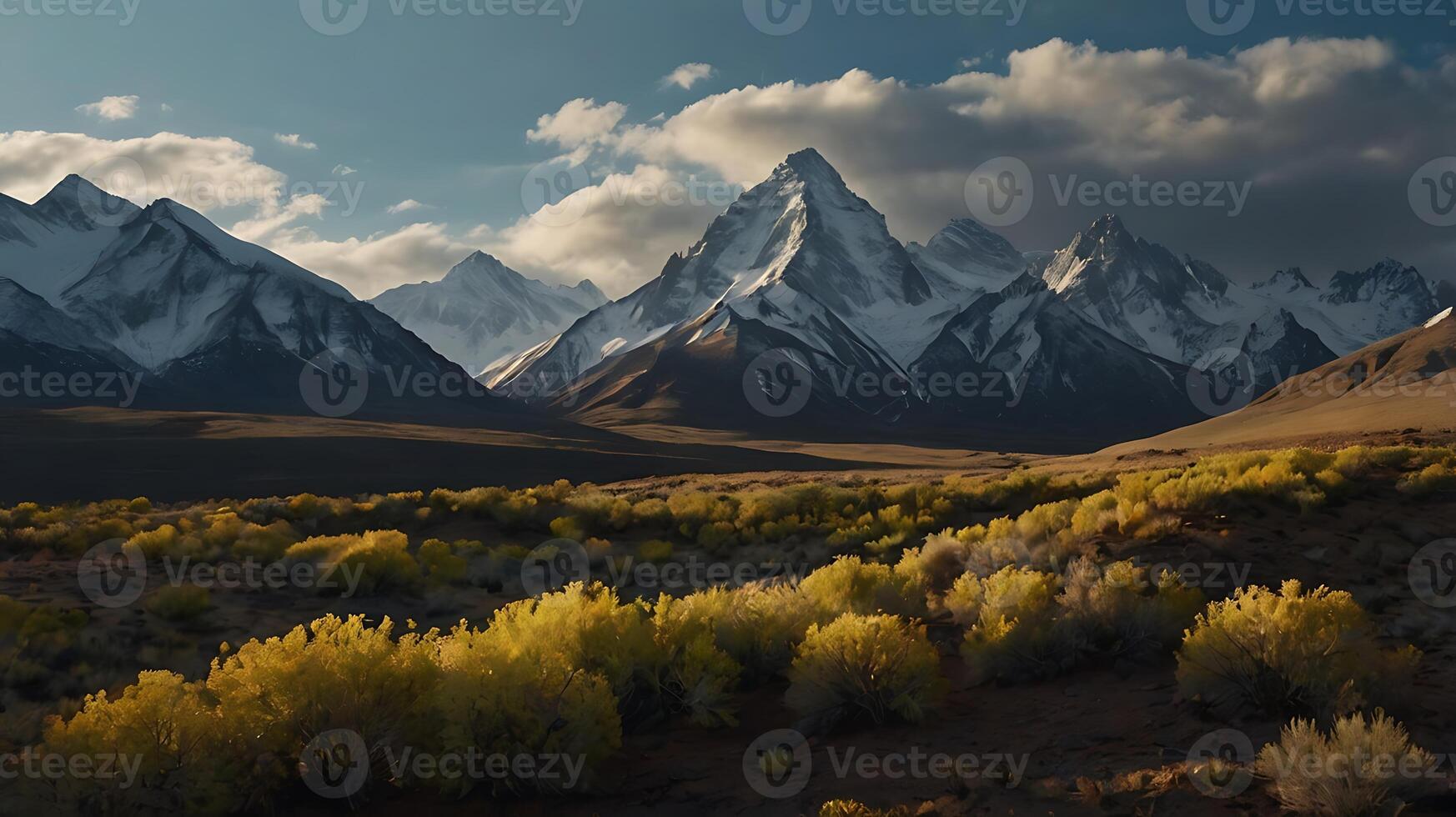 Majestic Mountain Peaks Tower Over the Golden Plains, Capturing a Remarkable Contrast Between Natures Massive Formations and Soft Landscape Below photo