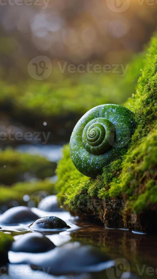 Green snail shell on mossy surface near water with blurred natural background photo