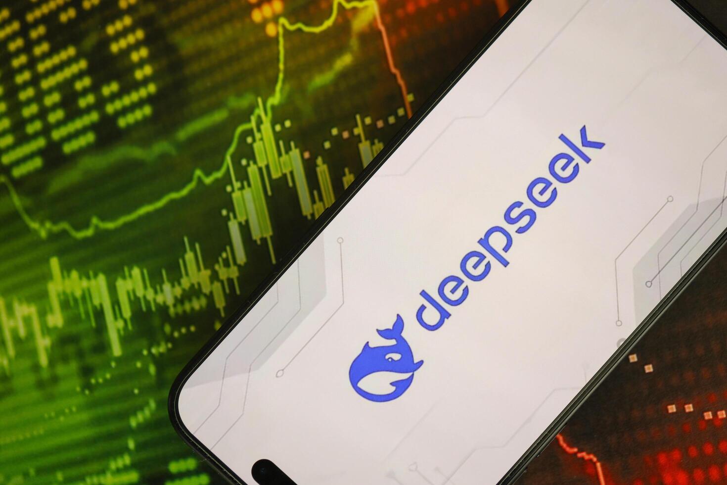 KYIV, UKRAINE - JANUARY 29, 2025 Deepseek AI assistant logo on apple iPhone 15 display screen close up. artificial intelligence photo