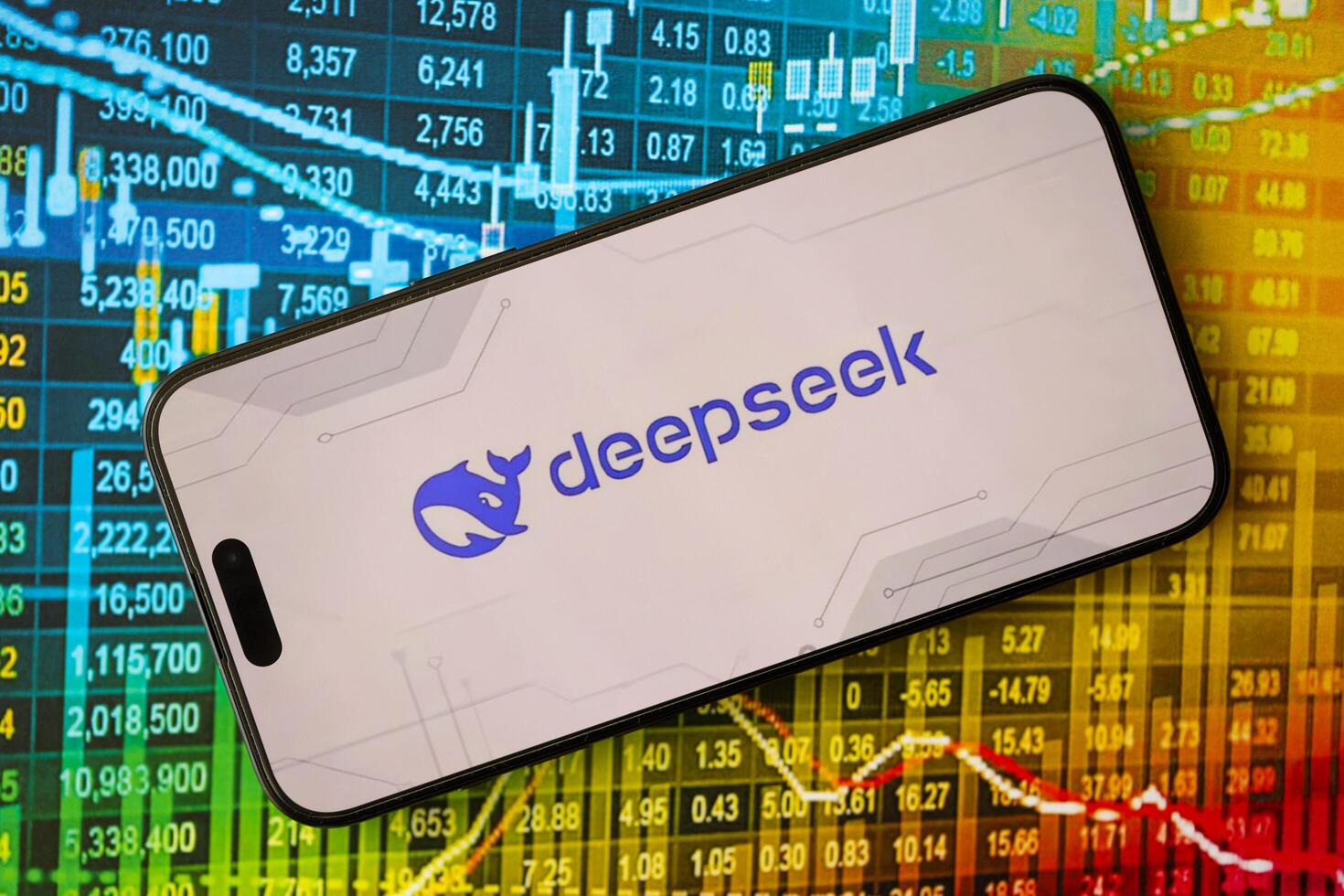 KYIV, UKRAINE - JANUARY 29, 2025 Deepseek AI assistant logo on apple iPhone display screen close up. Modern artificial intelligence photo