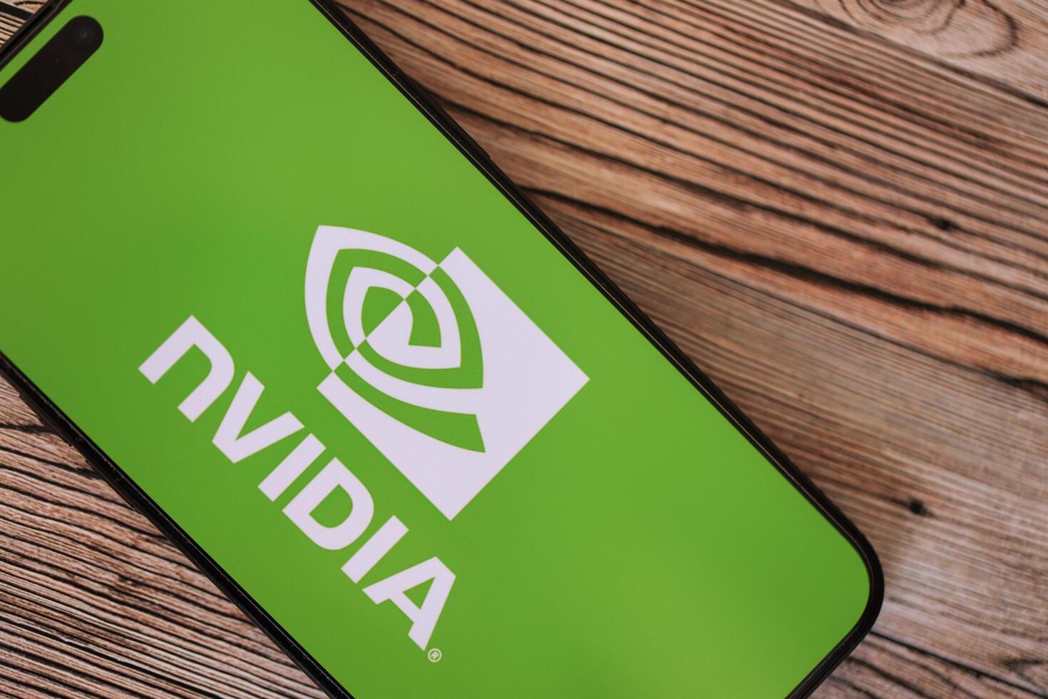 KYIV, UKRAINE - JANUARY 29, 2025 Nvidia corporation logotype showed on iPhone 15 smartphone display screen. Nvidia is a global leader in artificial intelligence photo