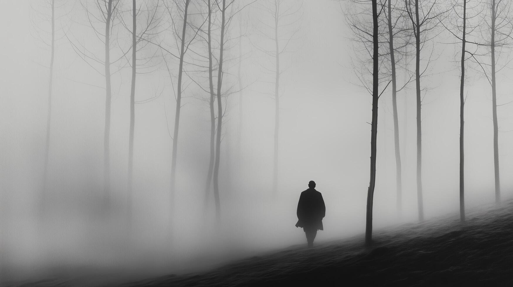 Man Walking Alone in a Foggy Forest photo