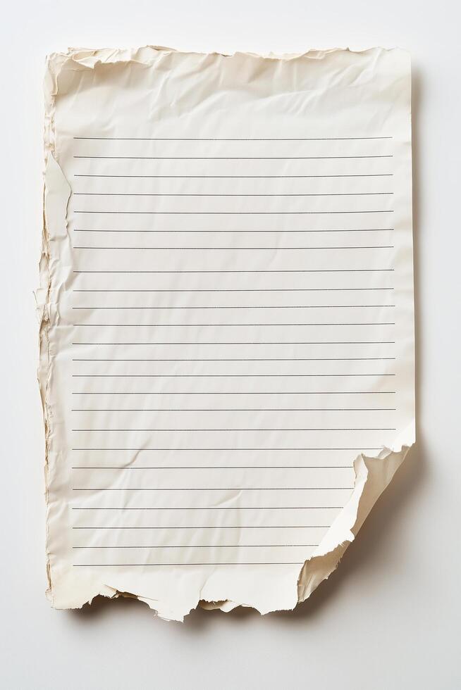 Torn notebook paper with ruled lines and soft shadow effects photo