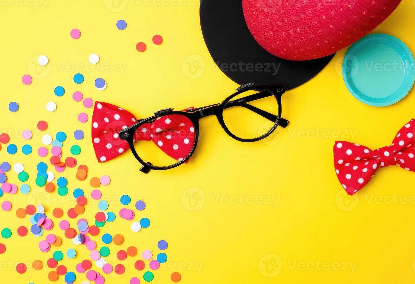 Novelty glasses with a fake nose and eyebrows, paired with a red polka dot bow tie, surrounded by colorful confetti, all set against a bright yellow background photo