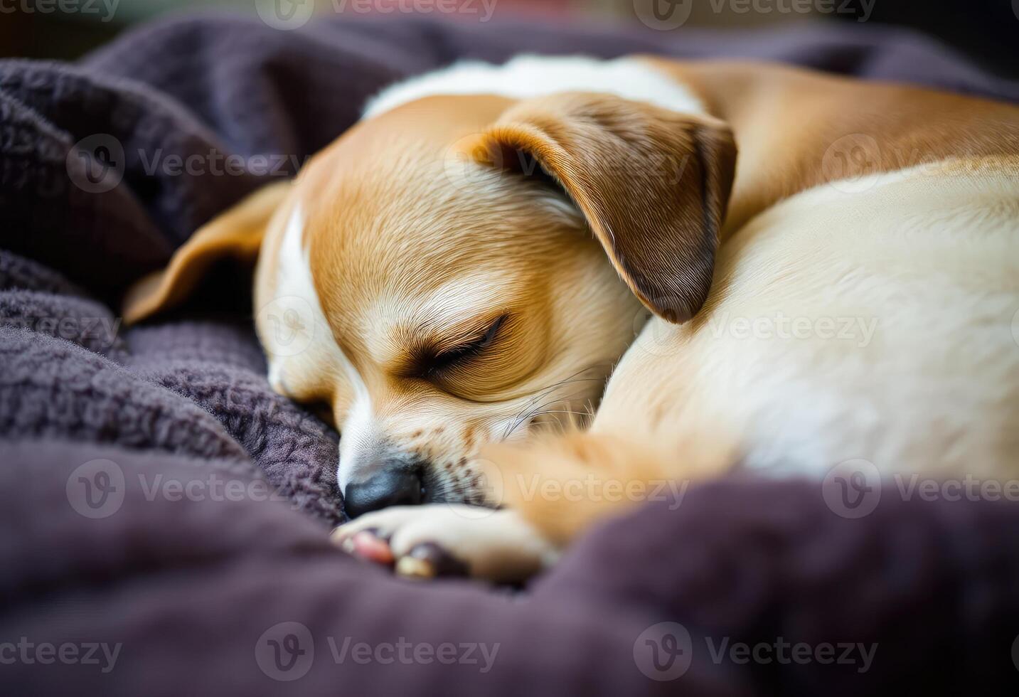 A small dog resting peacefully at home, curled up and sleeping in a cozy spot photo