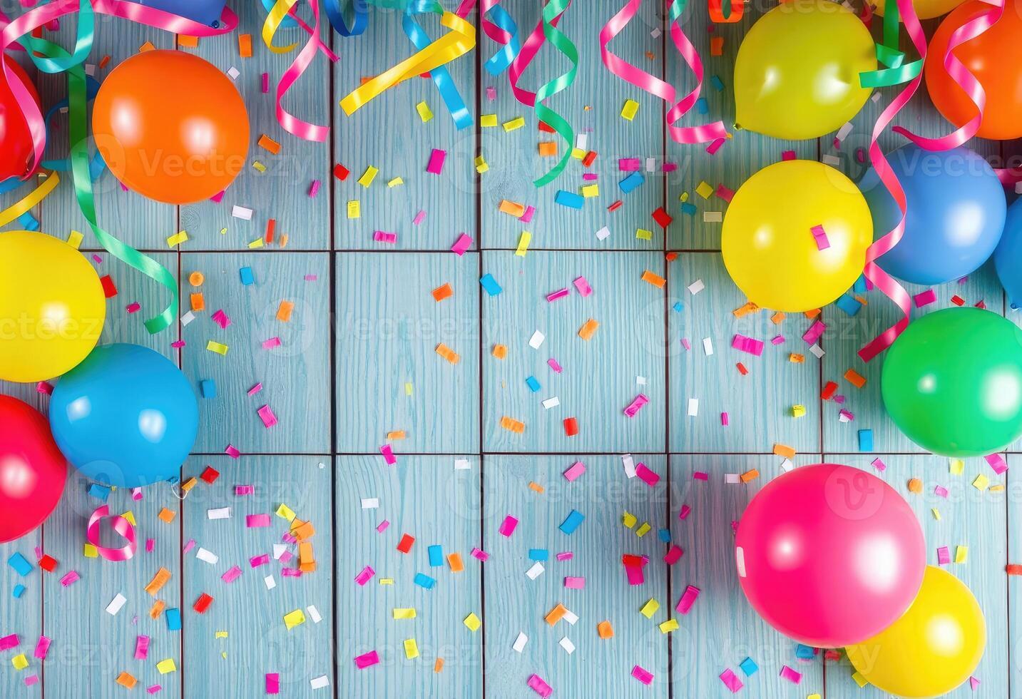 Colorful party balloons, festive streamers, confetti, rustic wooden background photo
