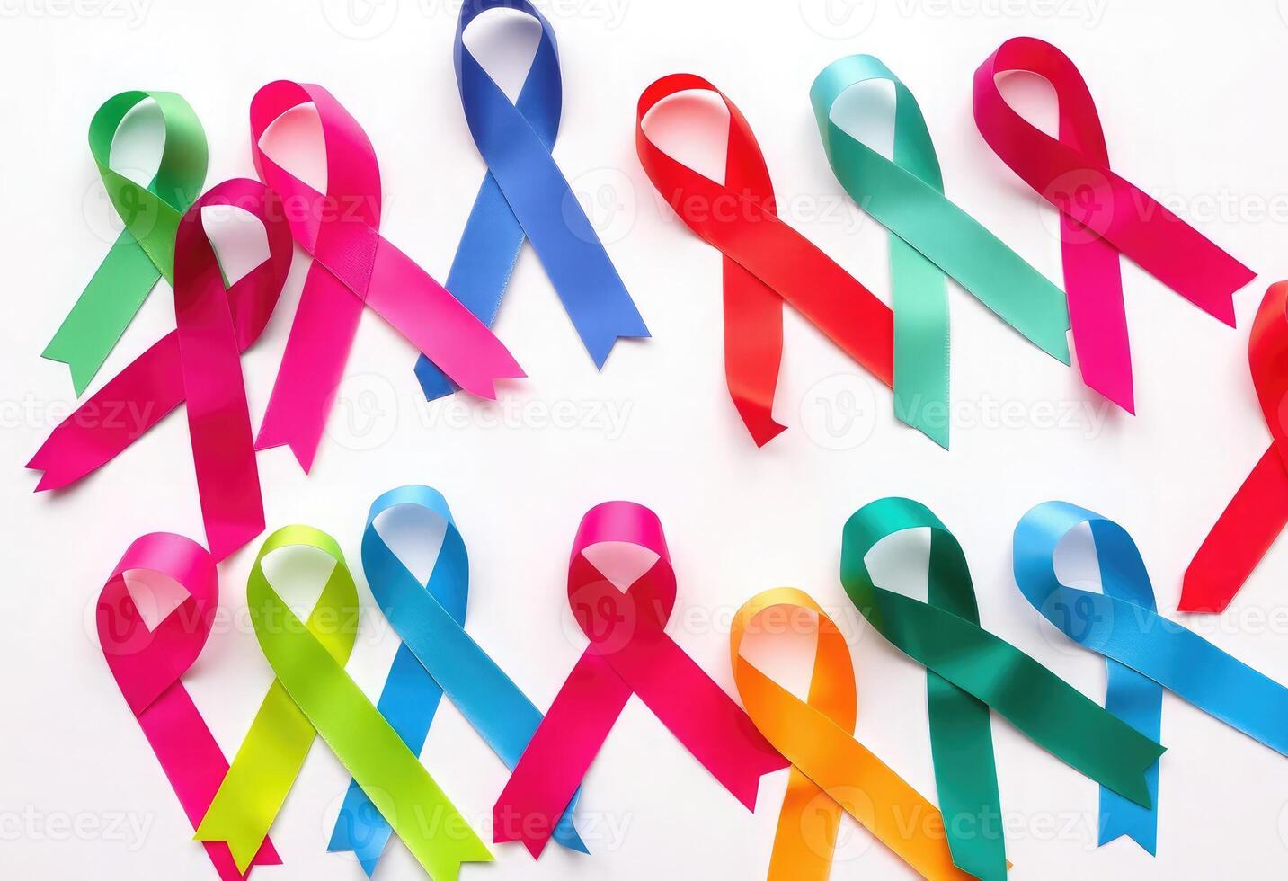 A collection of colorful ribbons on a white background, symbolizing cancer awareness and support, representing World Cancer Day photo