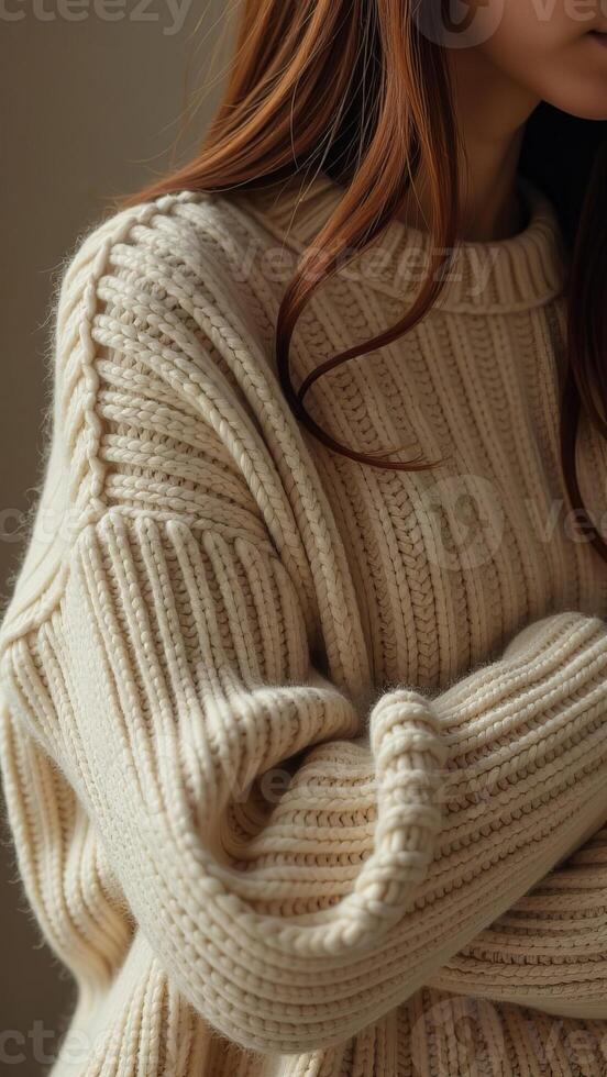 A woman with red hair wearing a cream sweater photo