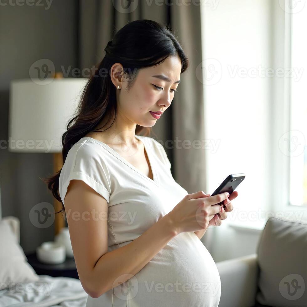 A pregnant Asian woman in a white t-shirt uses a cell phone while standing in a room photo