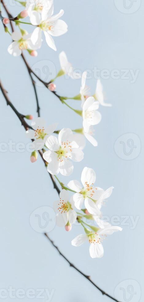 Delicate white spring blossoms gently sway against a soft, pale blue background photo