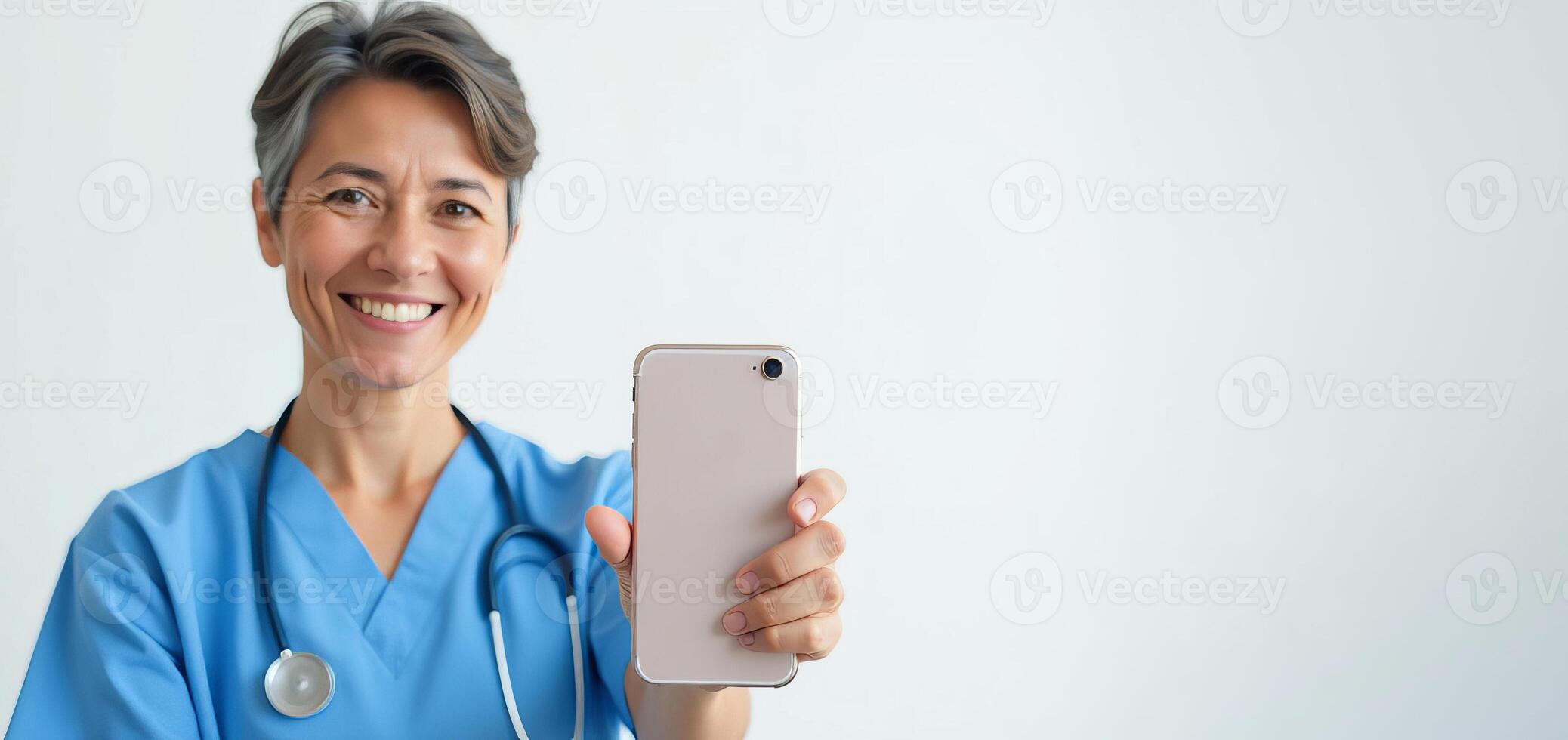 A woman in a blue scrub suit holding up a cell phone photo
