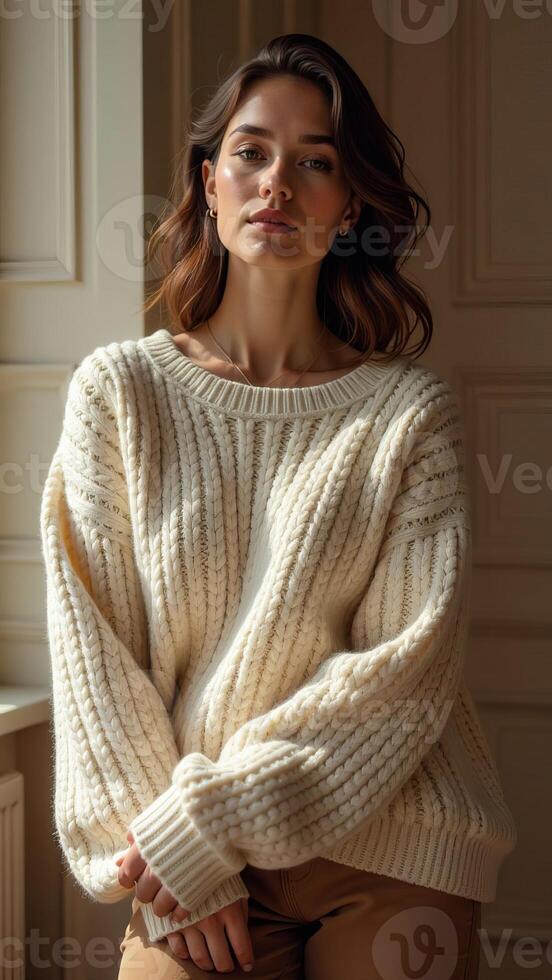 The model is wearing a cream sweater and brown pants photo