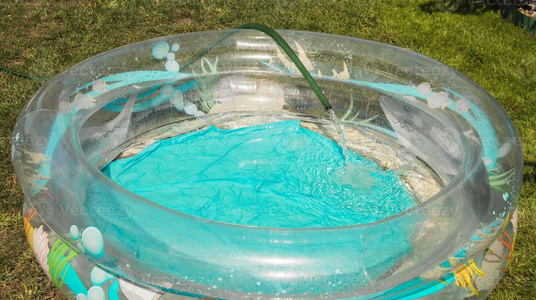 A blue pool with a plastic bowl in it photo