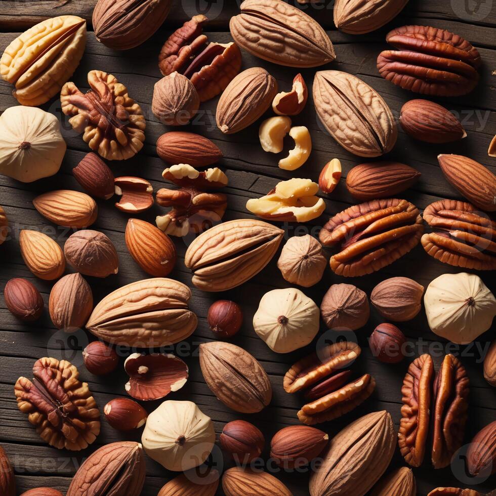 a textured background featuring an assortment of walnuts, pecans, almonds, hazelnuts, cashews, and pistachios photo