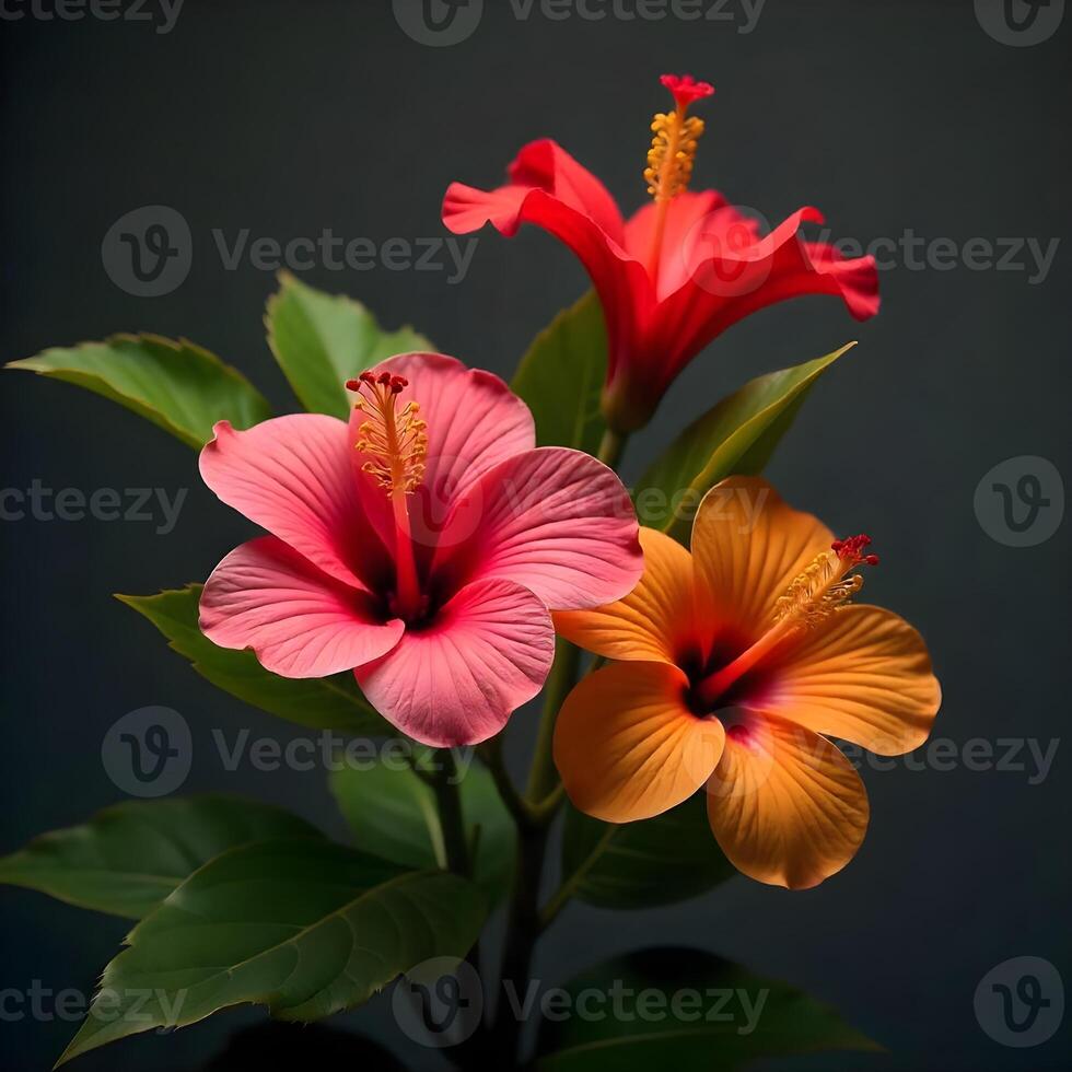 Two pink and orange flowers are in a vase photo