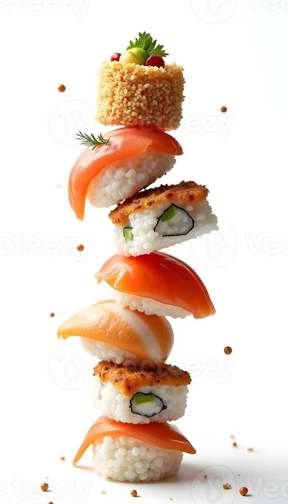 a stack of sushi rolls on a white background with detailed photo