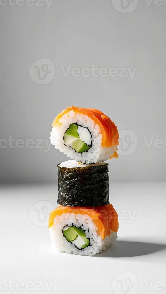 sushi with salmon and cucumber on white background photo