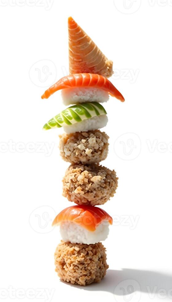 a stack of sushi on top of rice photo