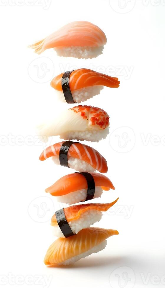 a stack of sushi on a white background with detailed photo